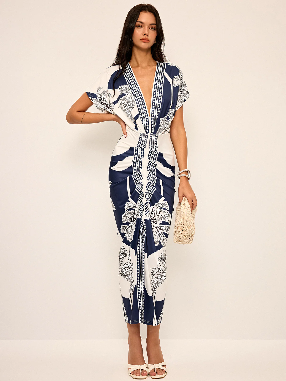 Printed Deep V-Neck Midi Dress Without Belt - Wholesalesil