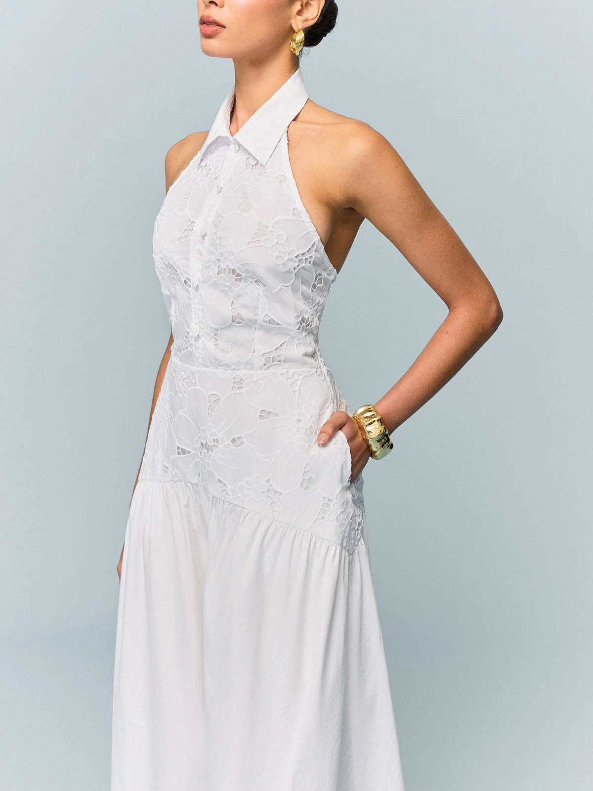 Pocketed Halter Neck Embroidered Dress with Non-Belted - Wholesalesil