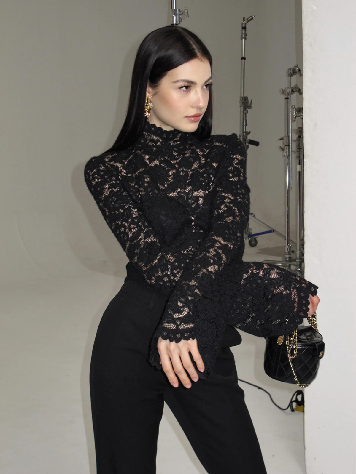 Lace High Neck Bell Sleeve Blouse - Wholesalesil