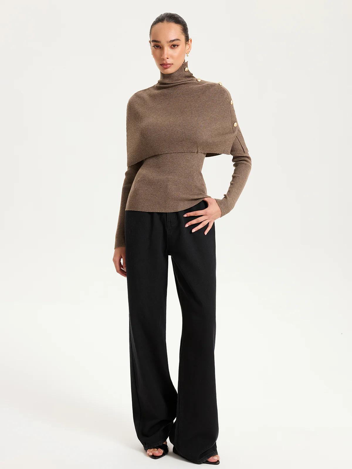 Ribbed Knit Top & Turtleneck Shawl Two-Piece Set - Wholesalesil