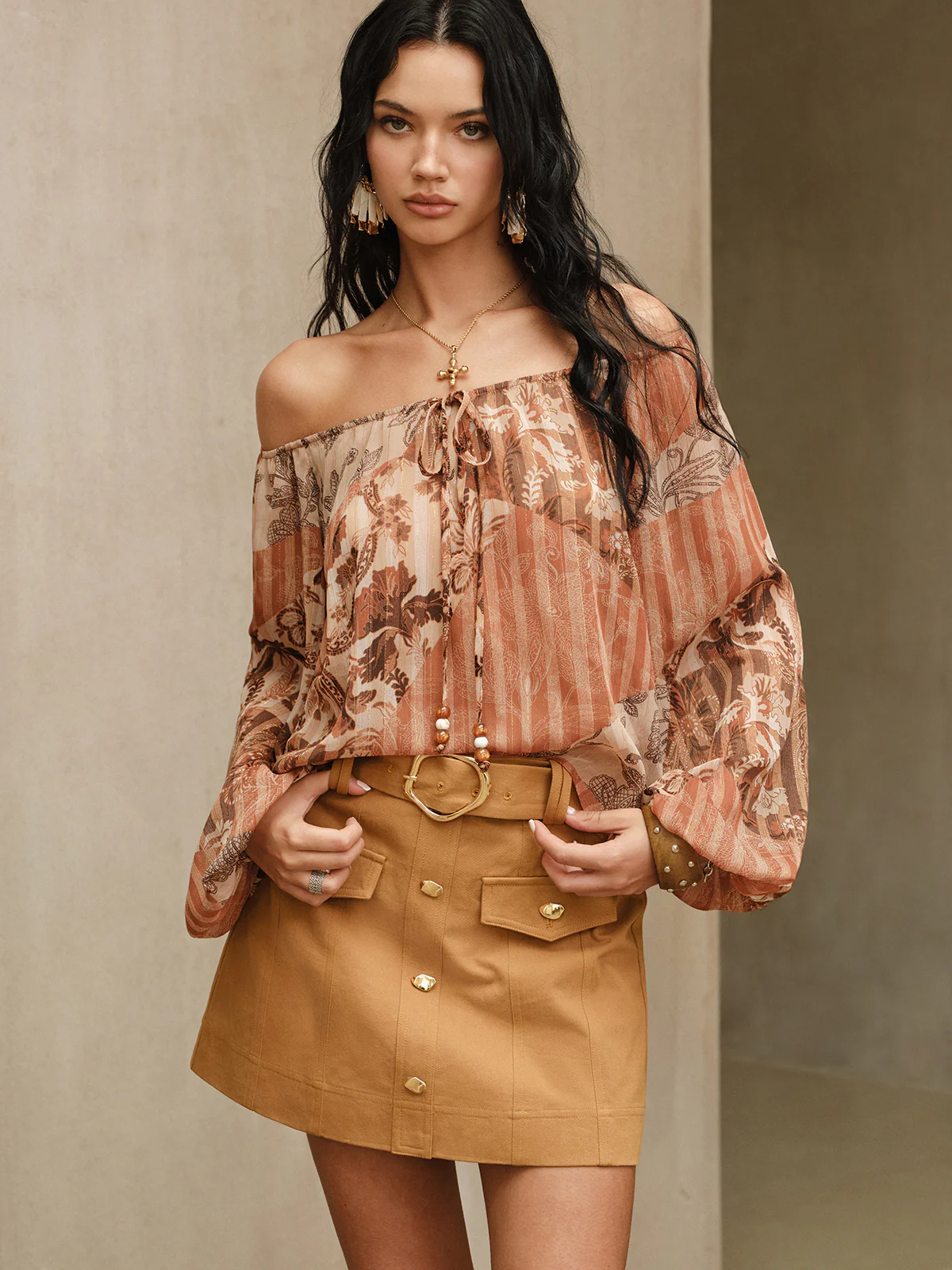 Boho Print Semi-Sheer Chiffon Tie-Front Blouse - Wholesalesil