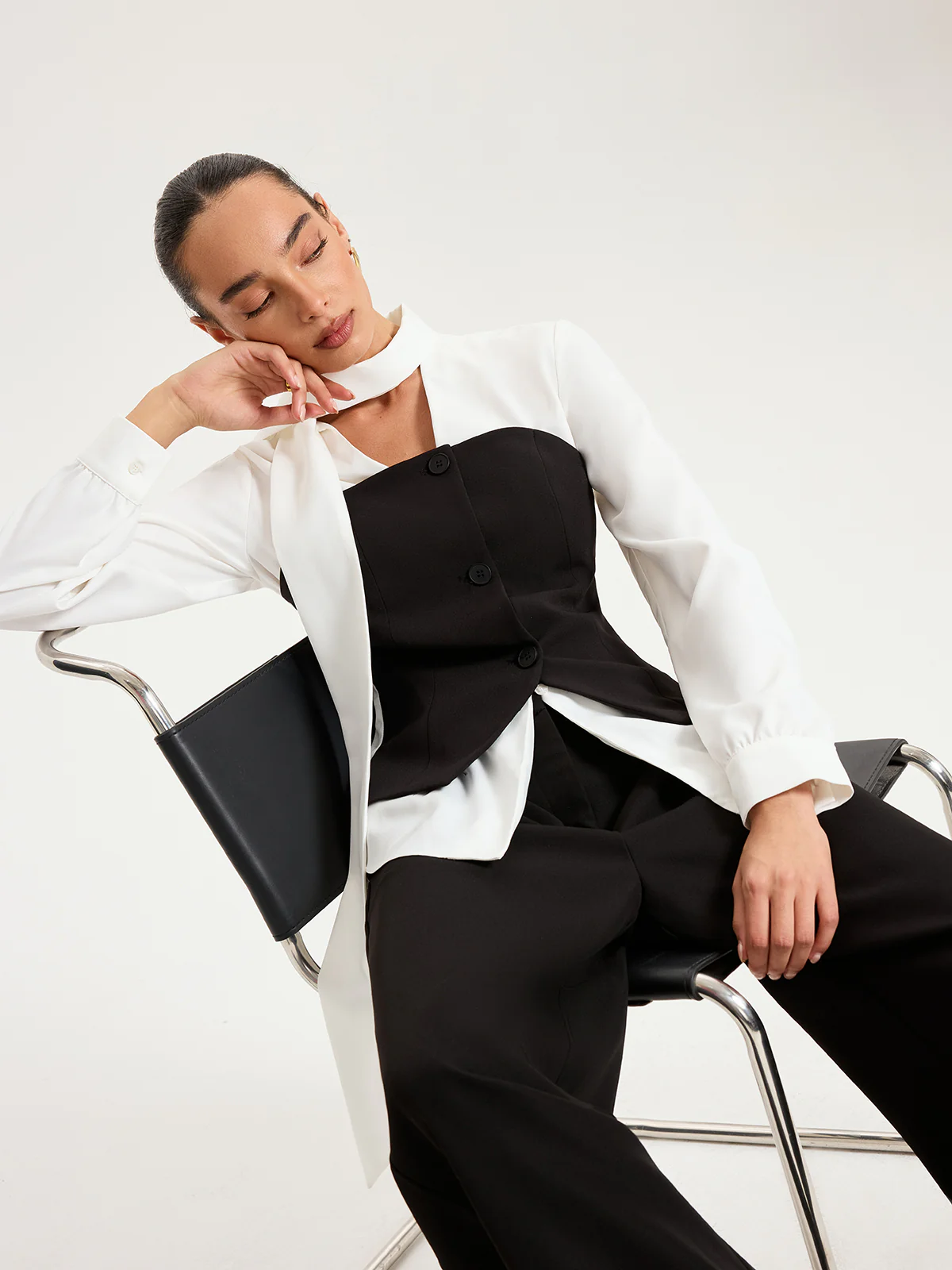 2 in 1 Contrast Panel Tie-Neck Blouse - Wholesalesil