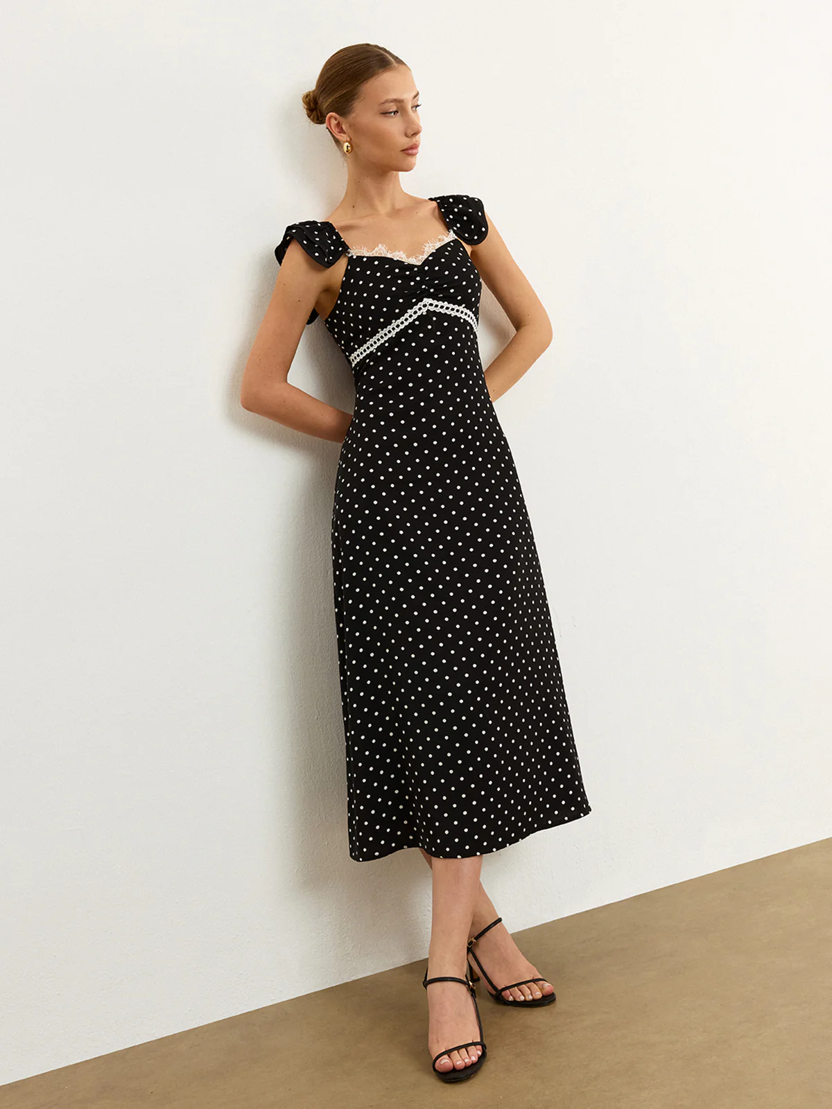 Polka Dot Lace Trim Midi Dress - Wholesalesil