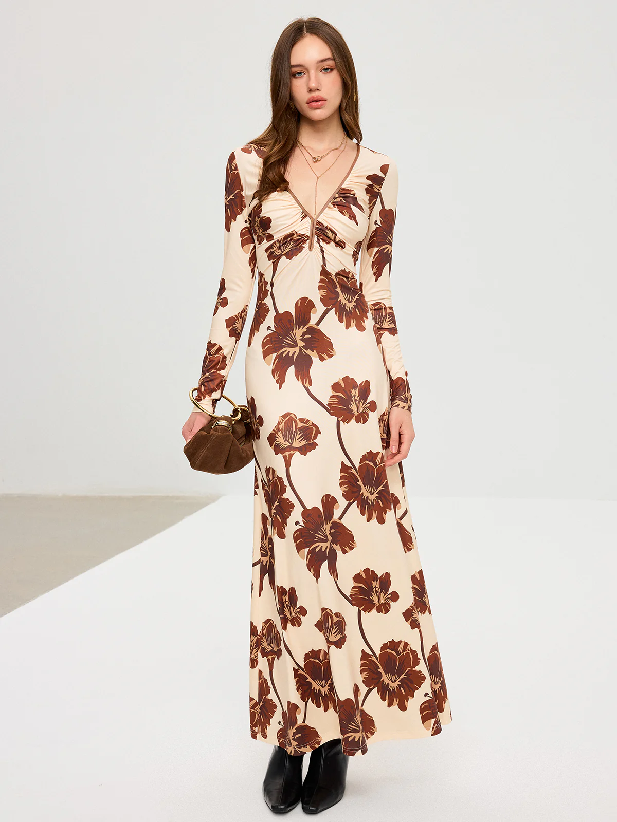 Floral Print V-Neck Maxi Dress - Wholesalesil