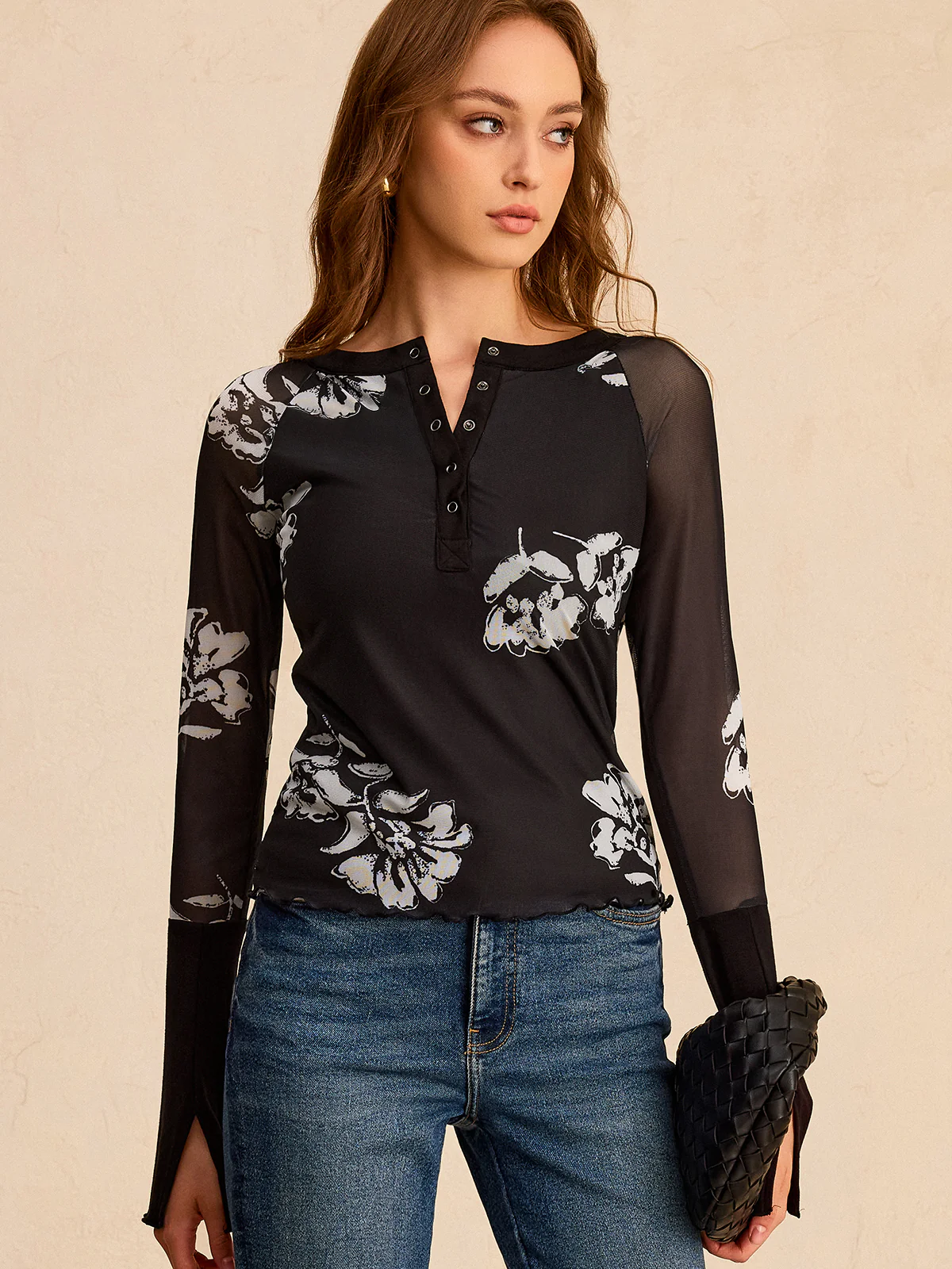 Floral Print Mesh Sleeve T-Shirt - Wholesalesil