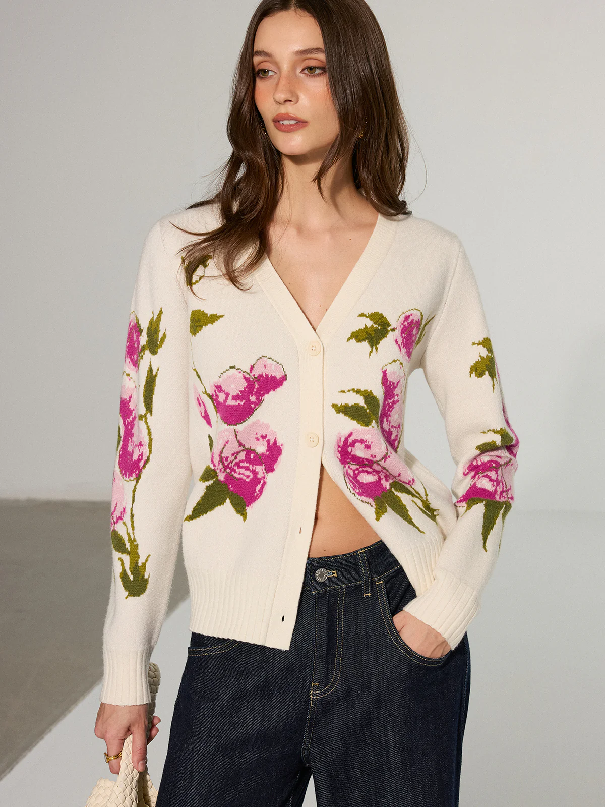 Floral V-Neck Button-Front Cardigan - Wholesalesil