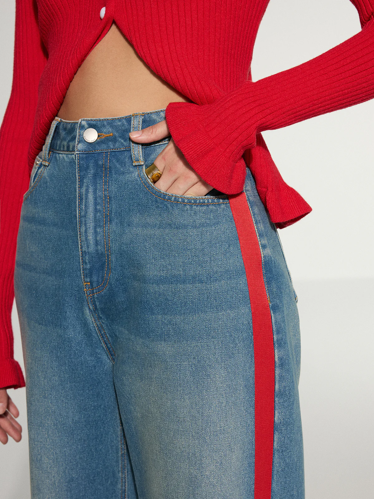 Contrast Side Striped Wide-Leg Jeans - Wholesalesil