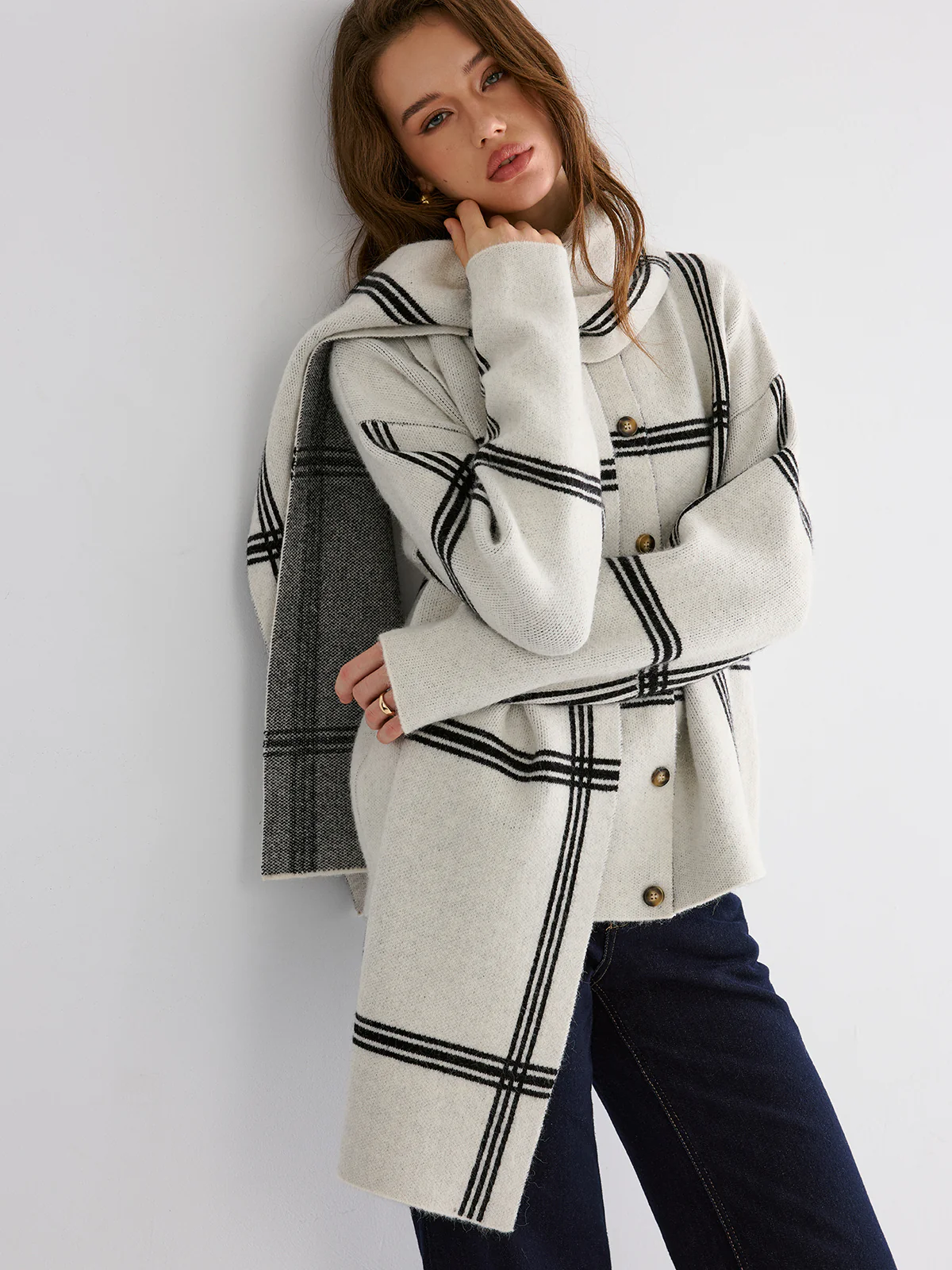 Wrap Scarf Check Print Cardigan - Wholesalesil