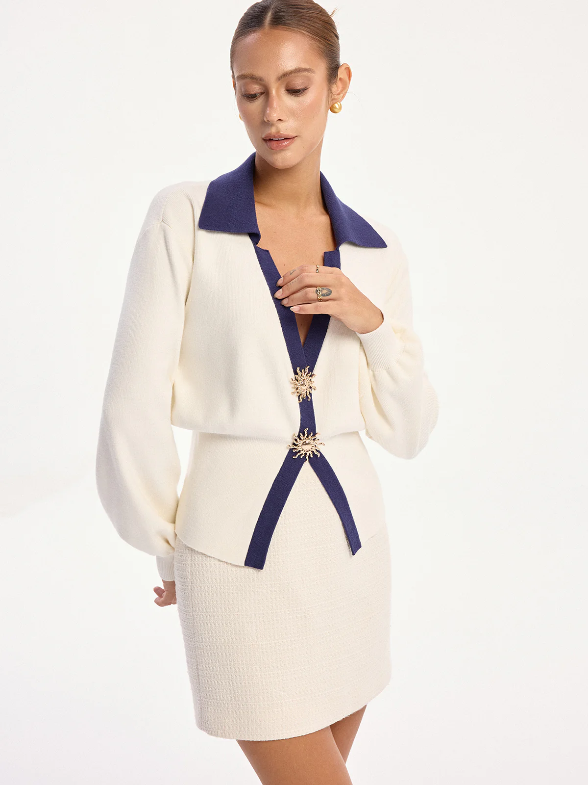 Sunburst Detail Contrast Trim Knit Cardigan - Wholesalesil