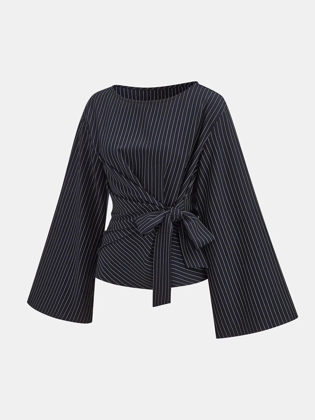 Flared Sleeve Pinstripe Wrap Blouse - Wholesalesil