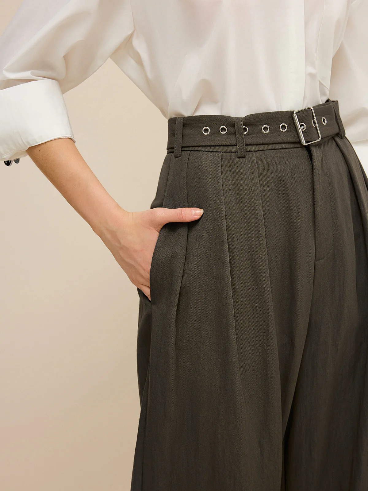 Army Green Belted Pleated Wide-Leg Pants - Wholesalesil