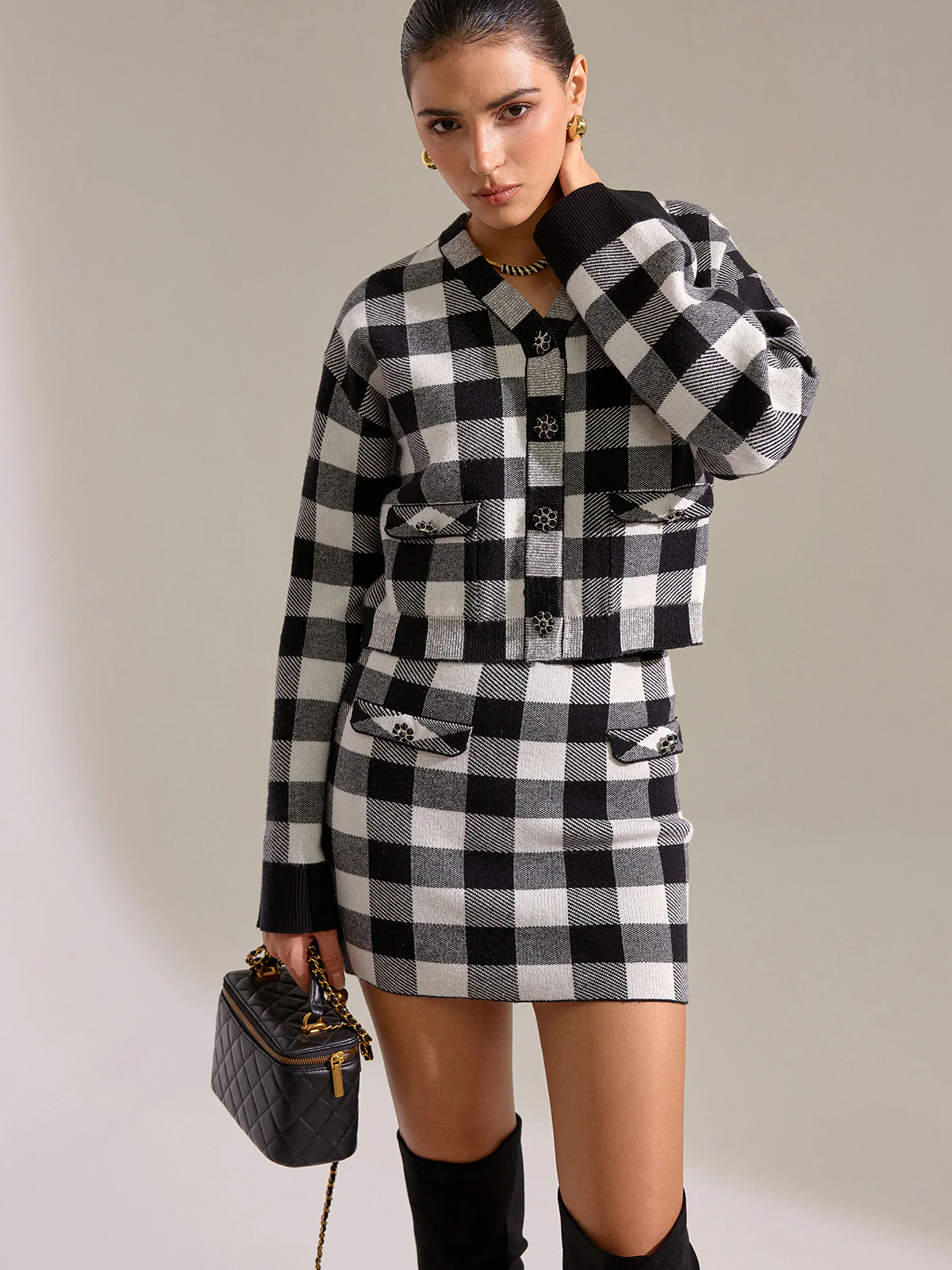 Checkered Wool Blend Button Cardigan - Wholesalesil