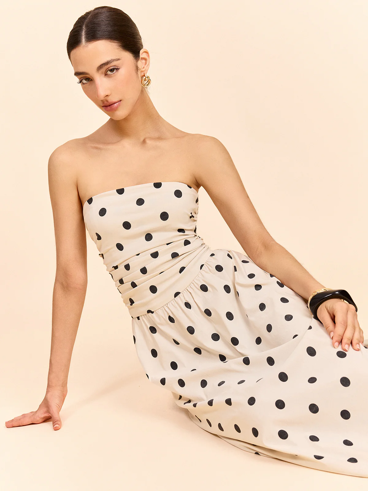 Strapless Polka Dot Ruched Midi Dress - Wholesalesil