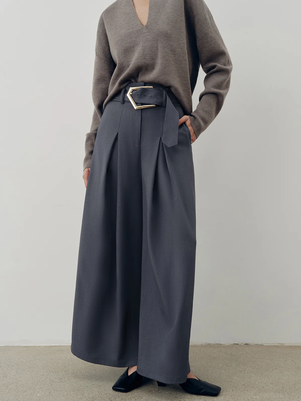 Belted Casual High-Waisted Wide-Leg Pants - Wholesalesil