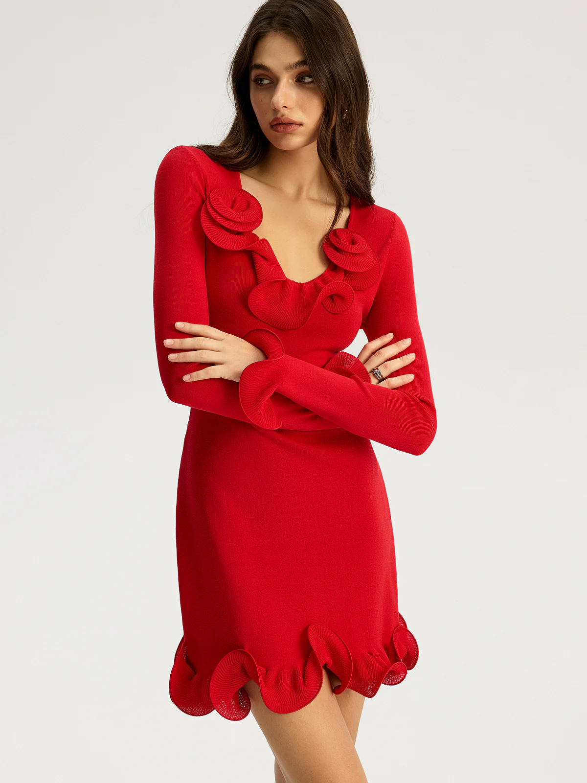 Ruffled Detail Long Sleeve Mini Dress - Wholesalesil