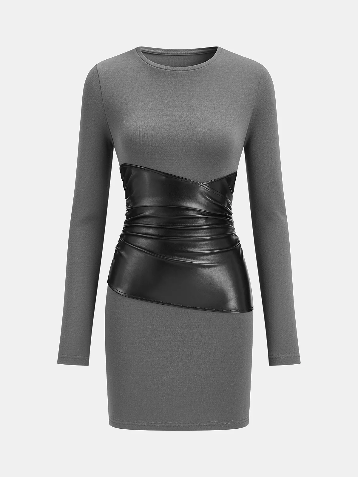 PU Leather Panel Long Sleeve Knit Dress - Wholesalesil