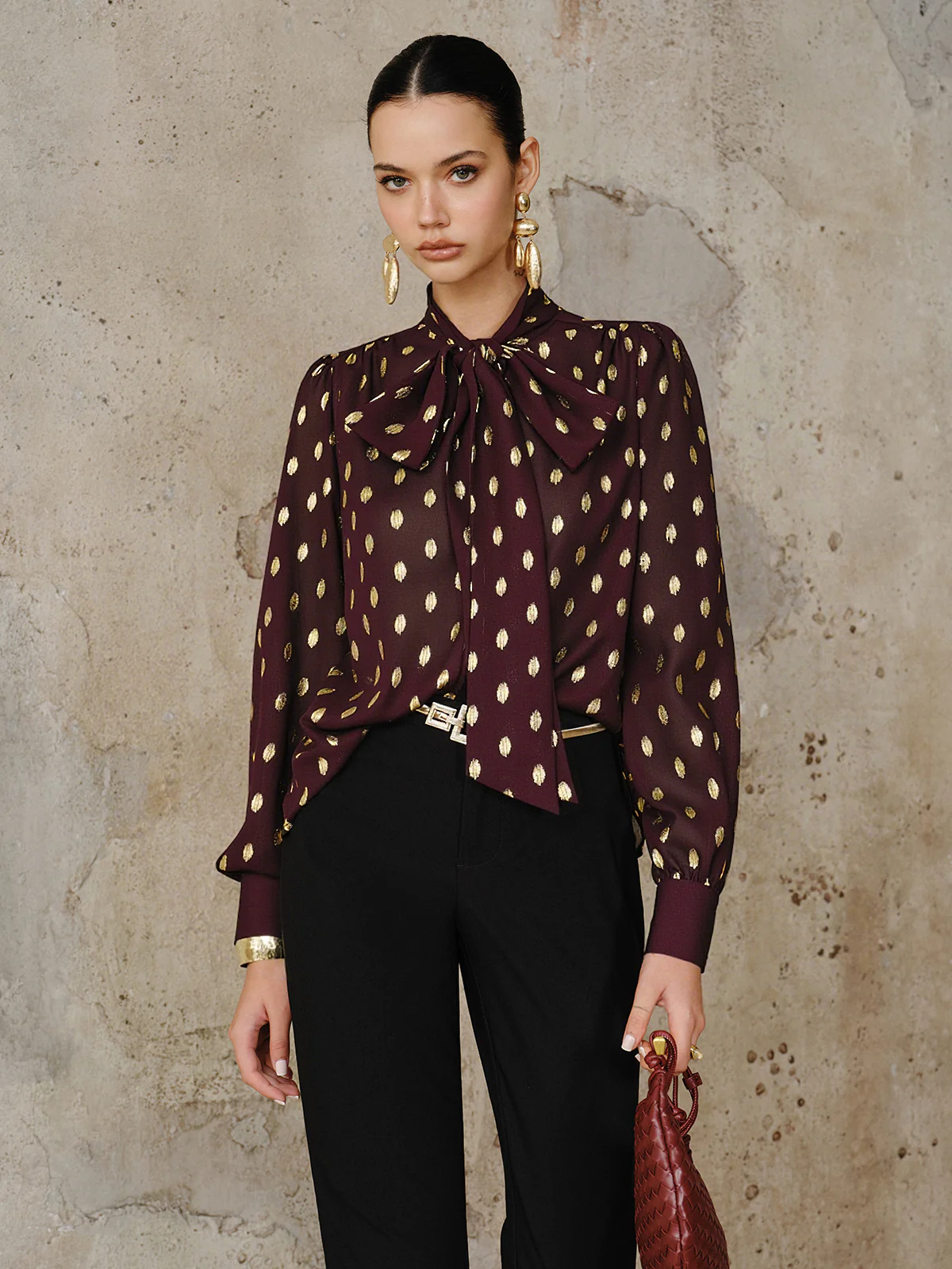 Polka Dot Bow Neckline Semi-Sheer Blouse - Wholesalesil