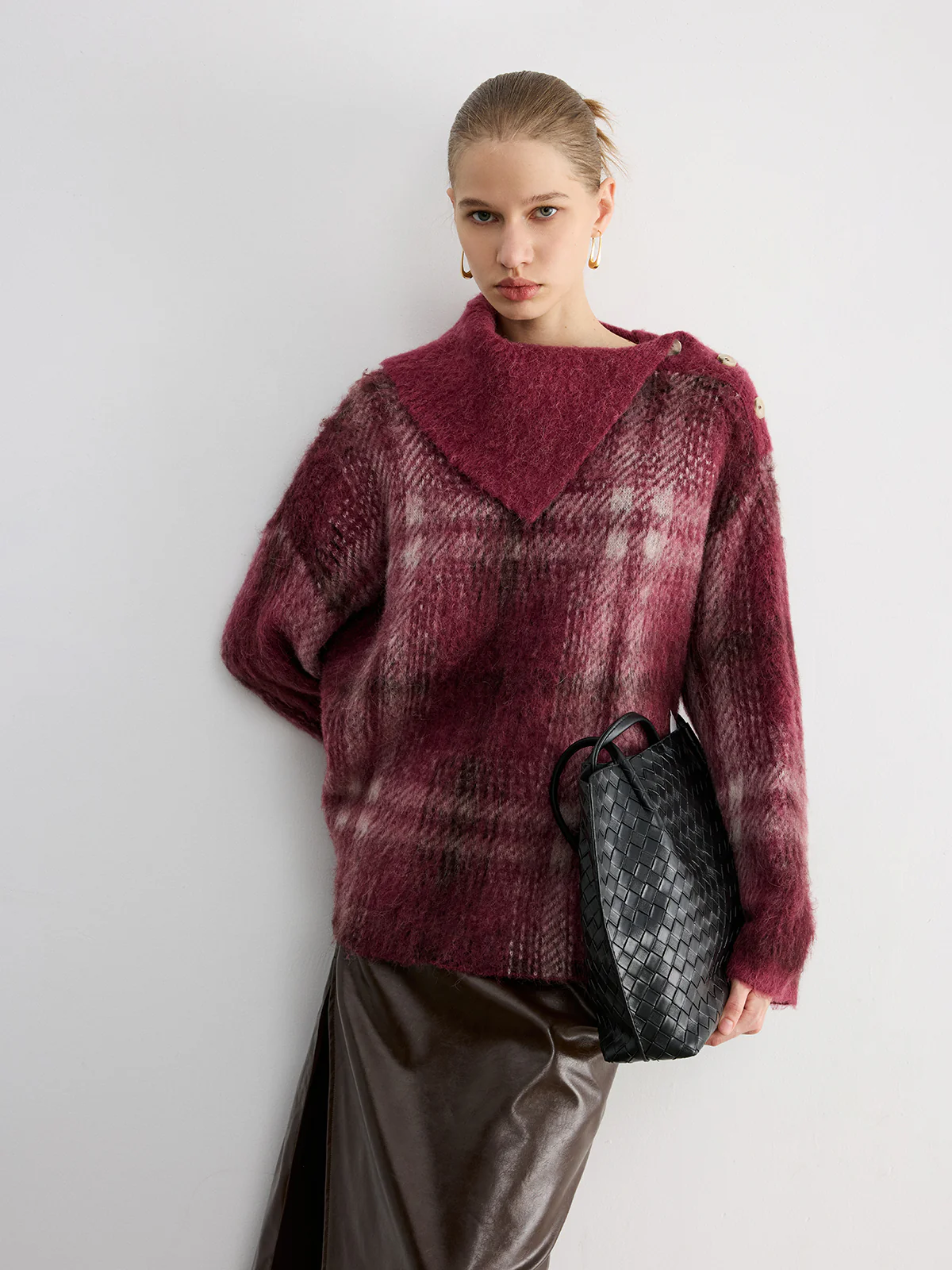 Wool Blend Plaid Asymmetric Collar Buttoned Sweater - Wholesalesil
