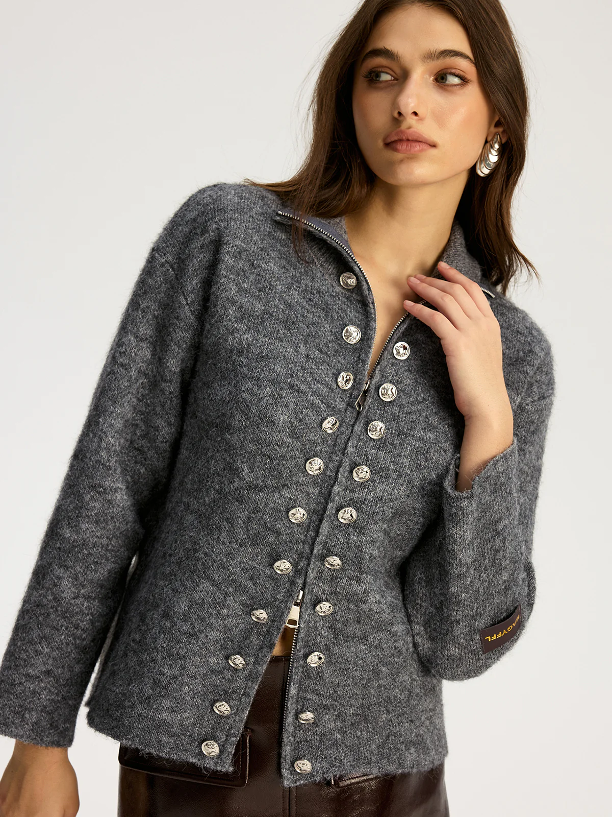Double-breasted Stand-up Collar Zipper Cardigan - Wholesalesil