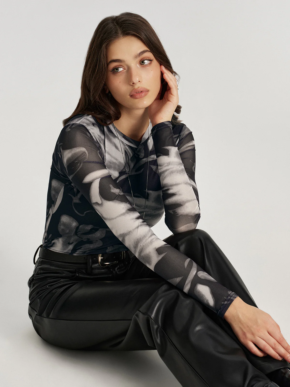 Abstract Print Semi-Sheer Long-Sleeve Top - Wholesalesil