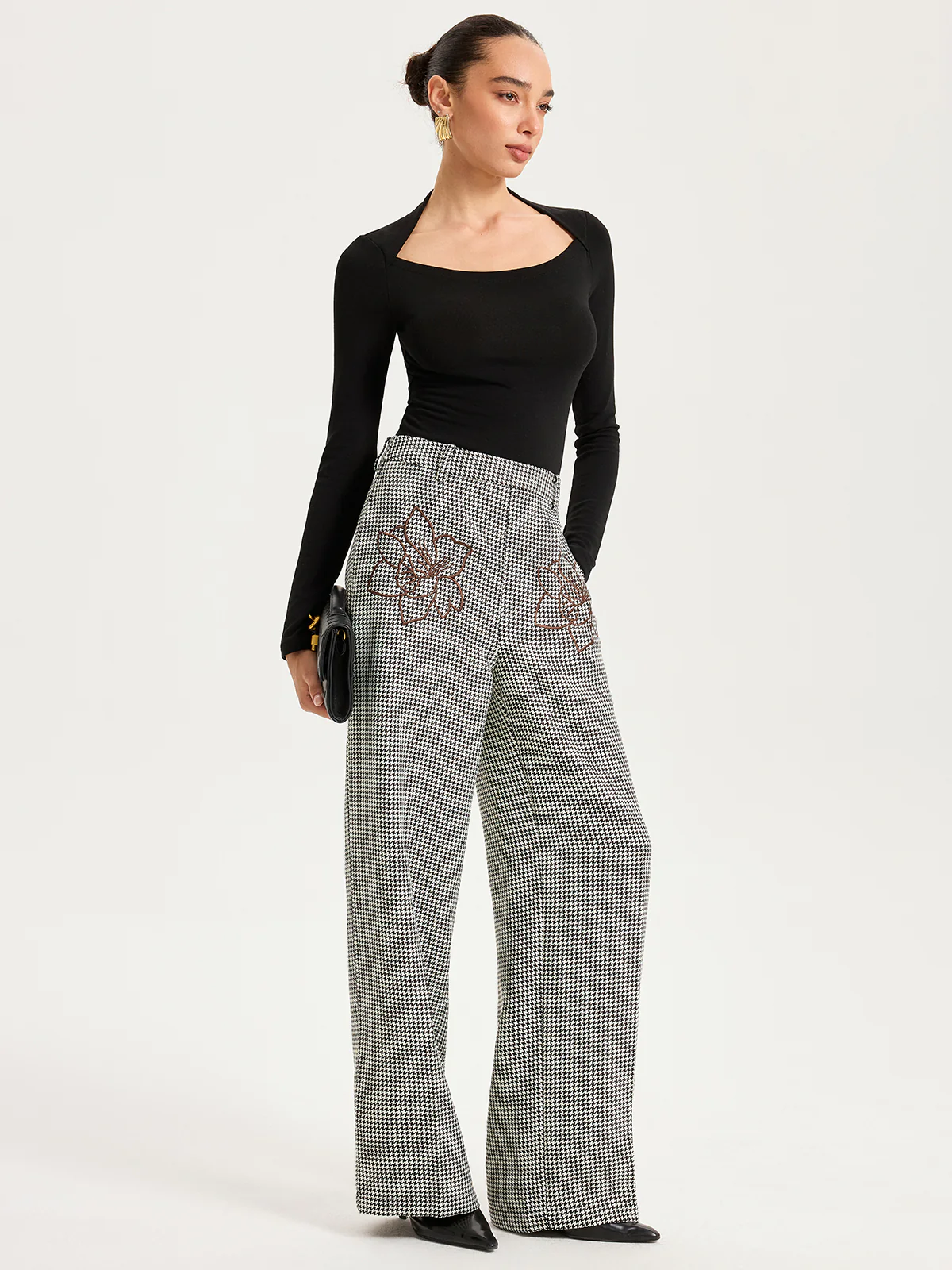 Houndstooth Embroidered Straight-Leg Pants - Wholesalesil