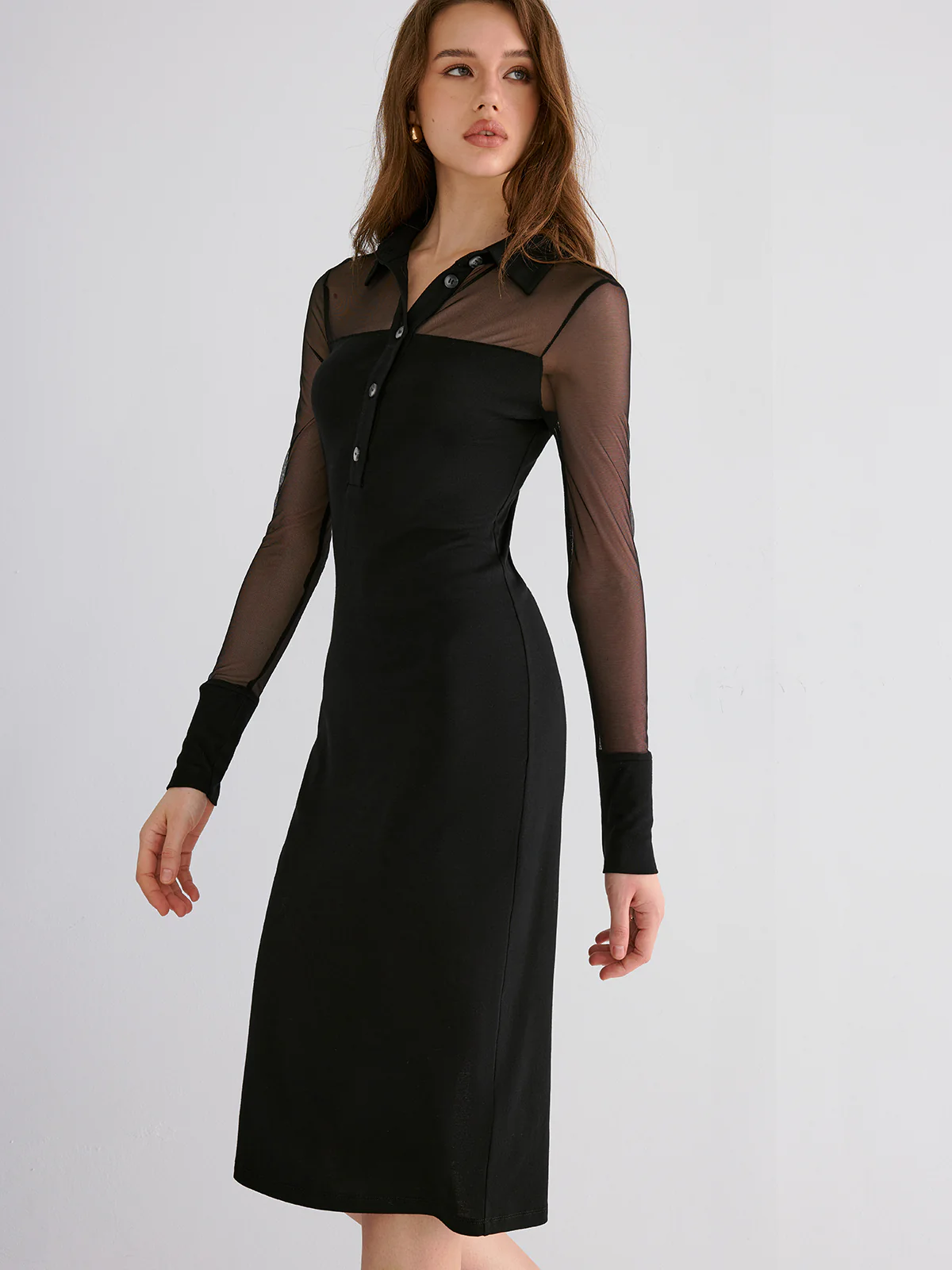 Contrast Mesh Collared Midi Dress - Wholesalesil