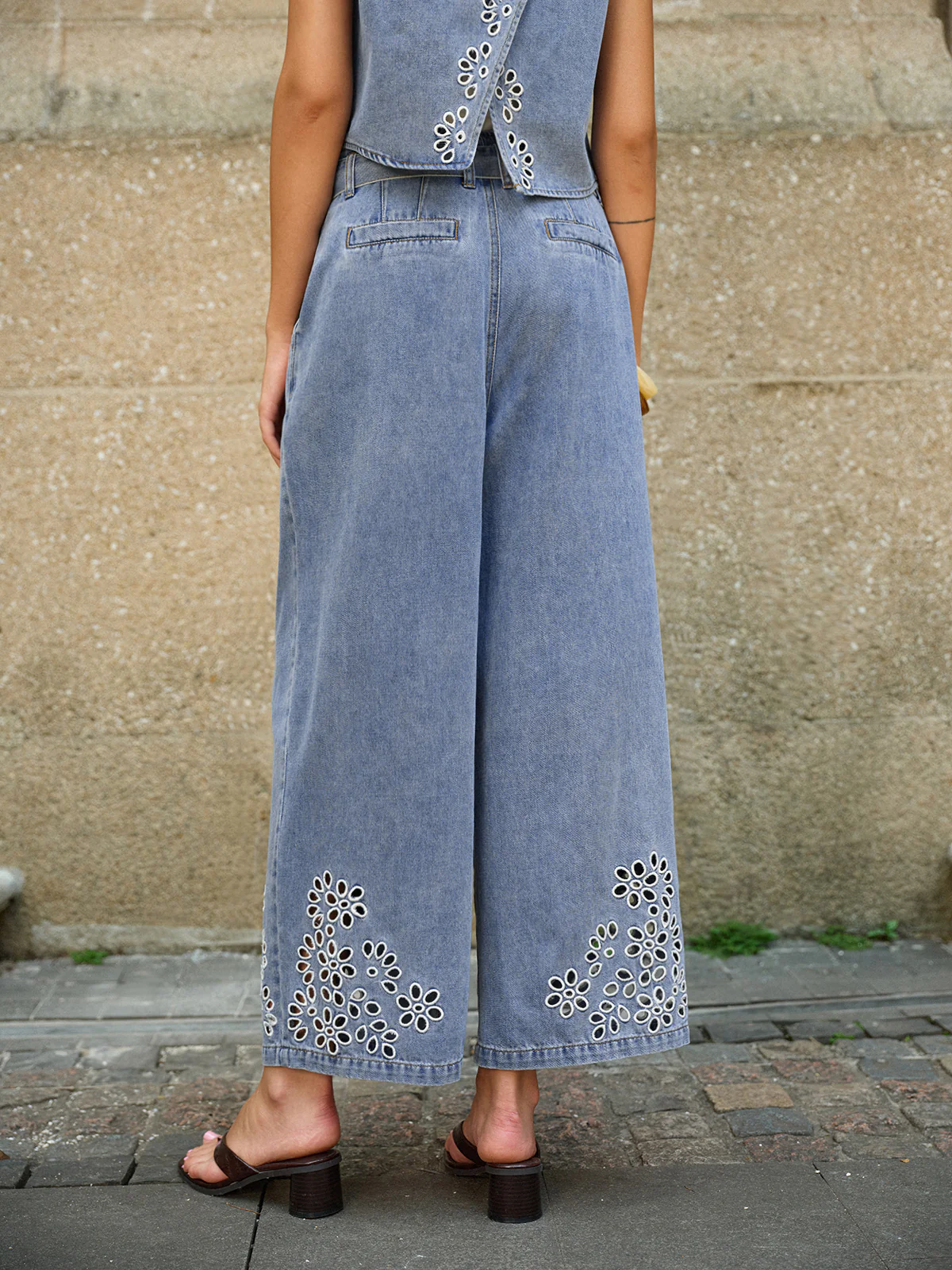 Denim Embroidery Tie-Waist Pants - Wholesalesil