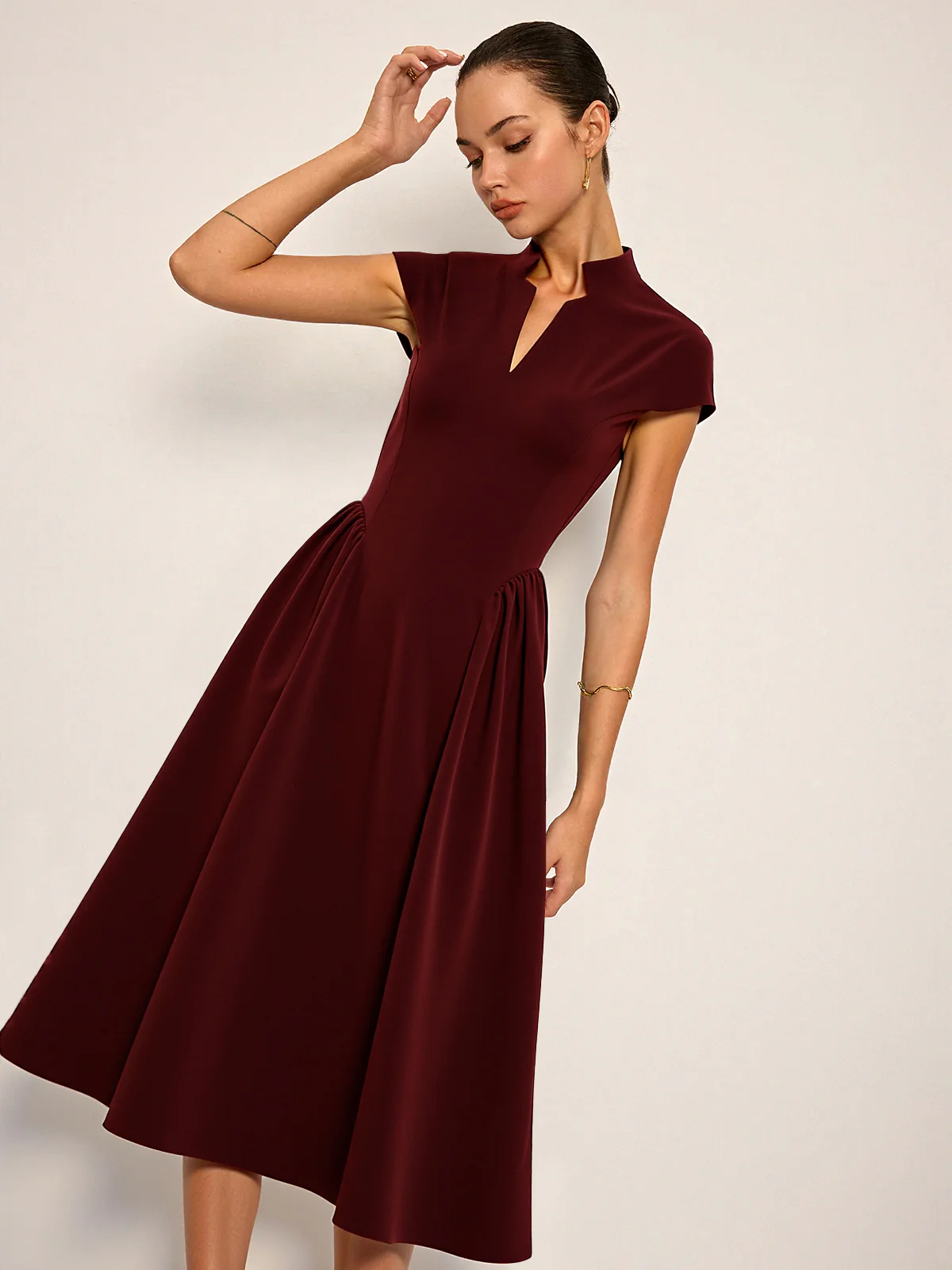 Cap Sleeved Keyhole Neckline Flared Midi Dress - Wholesalesil