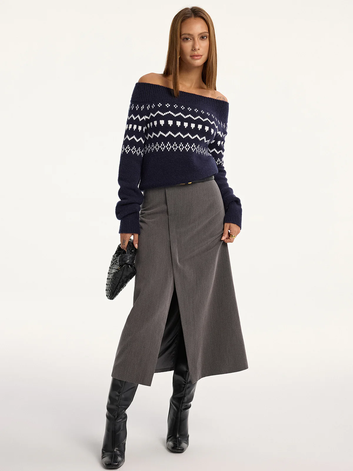 Off-Shoulder Fair Isle Knit Sweater - Wholesalesil