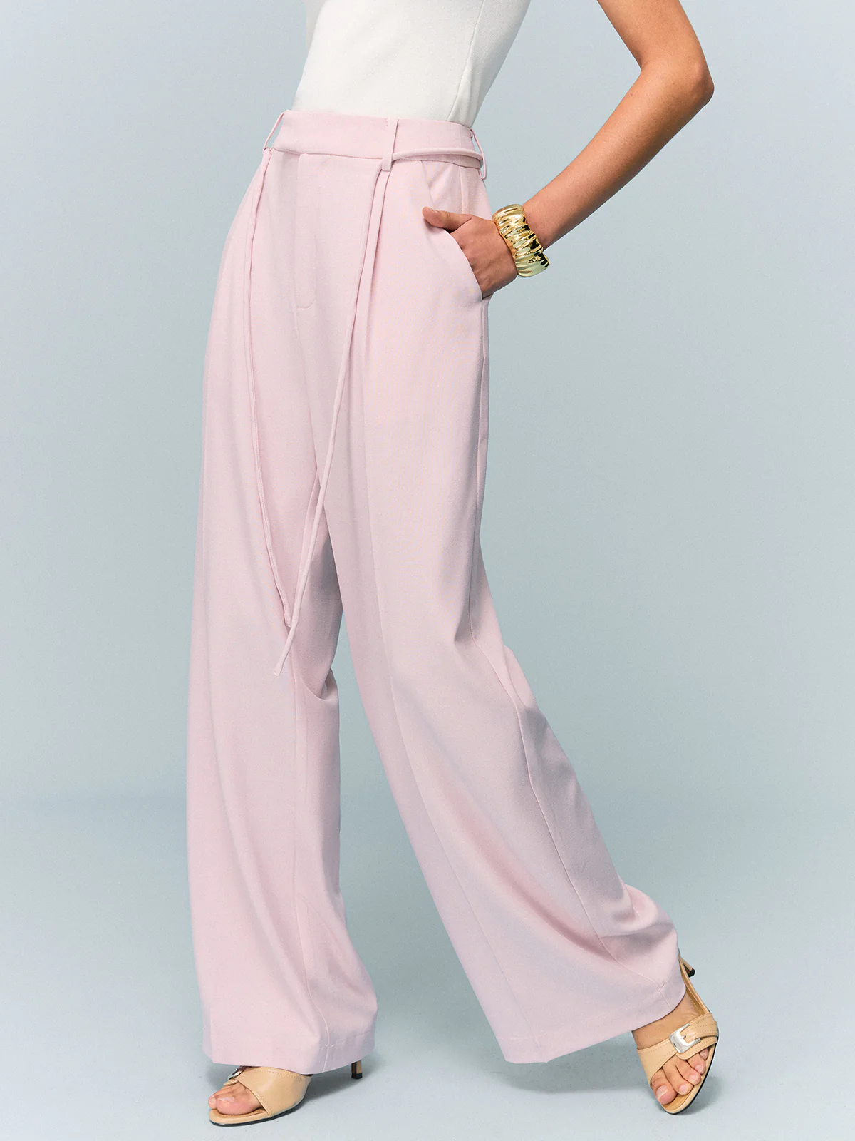 Mid-Waisted Wide-Leg Pants with Tie Detail - Wholesalesil
