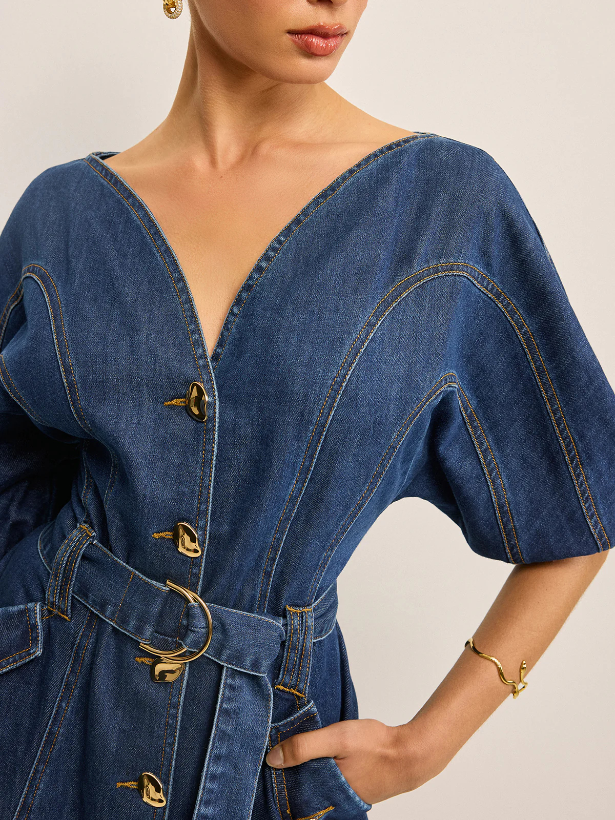 Pocketed Belted Denim Dress - Wholesalesil