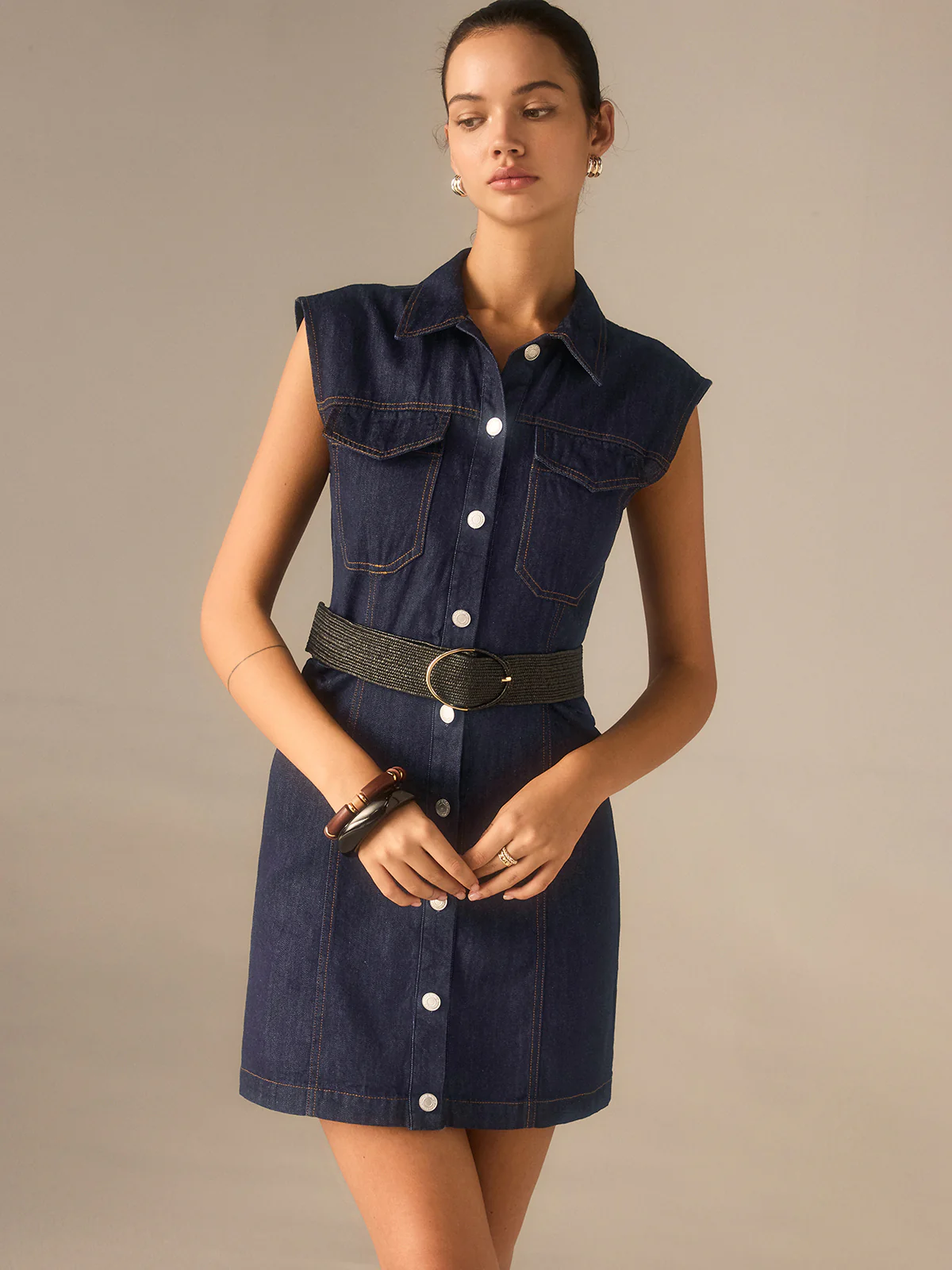 Denim Button-Front Collared Sleeveless Dress Without Belted - Wholesalesil