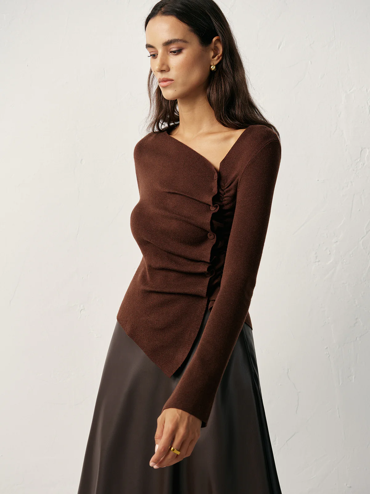 Wool Blend Asymmetric Ruched Side-Button Cardigan - Wholesalesil