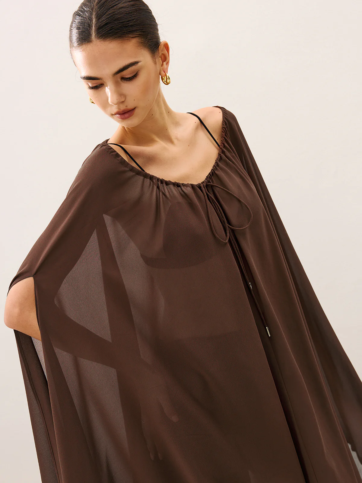 Cape-Style Semi Sheer Chiffon Blouse With Tie Detail - Wholesalesil