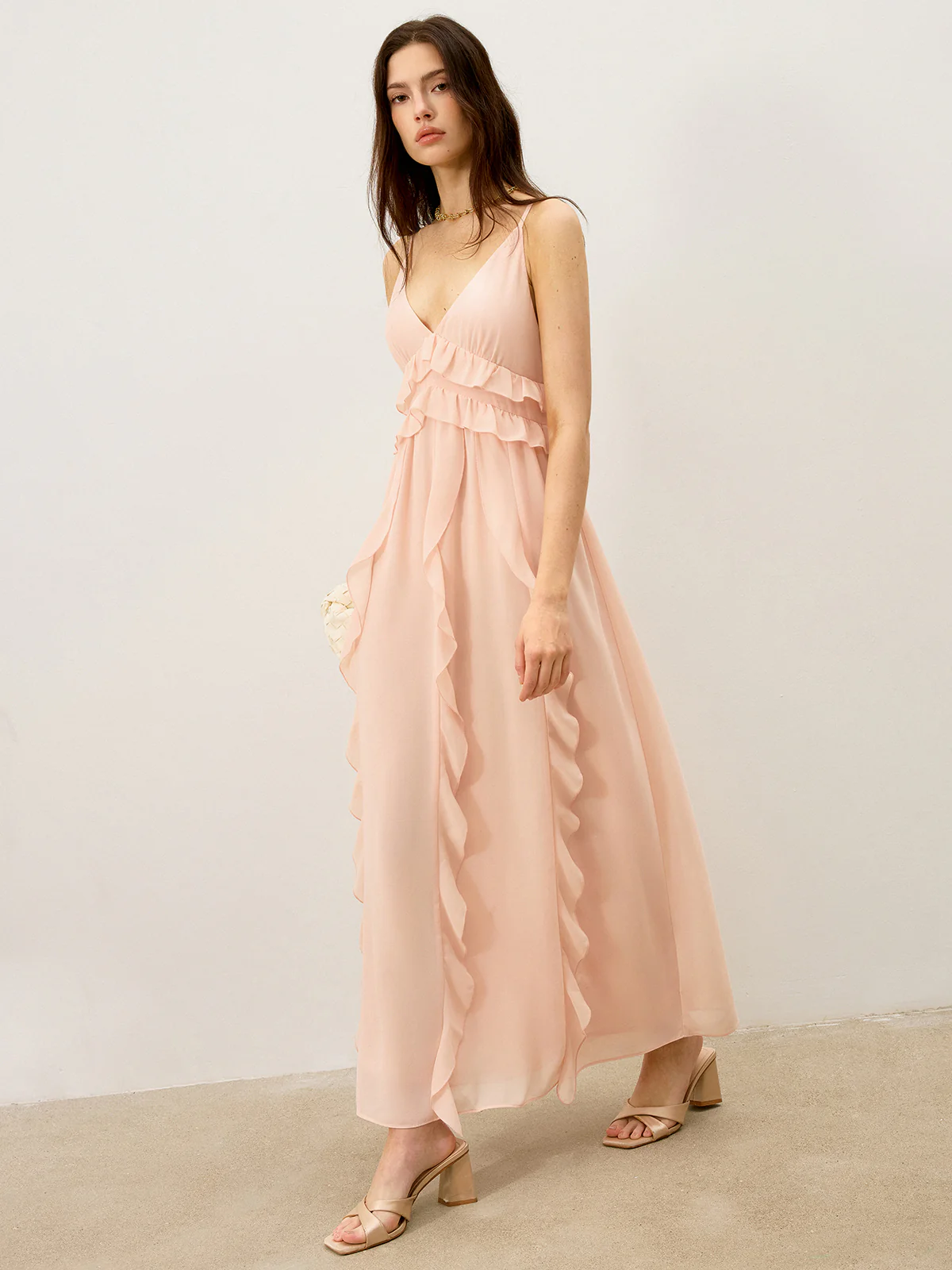 Semi-Sheer Chiffon Ruffle Trim Maxi Dress - Wholesalesil