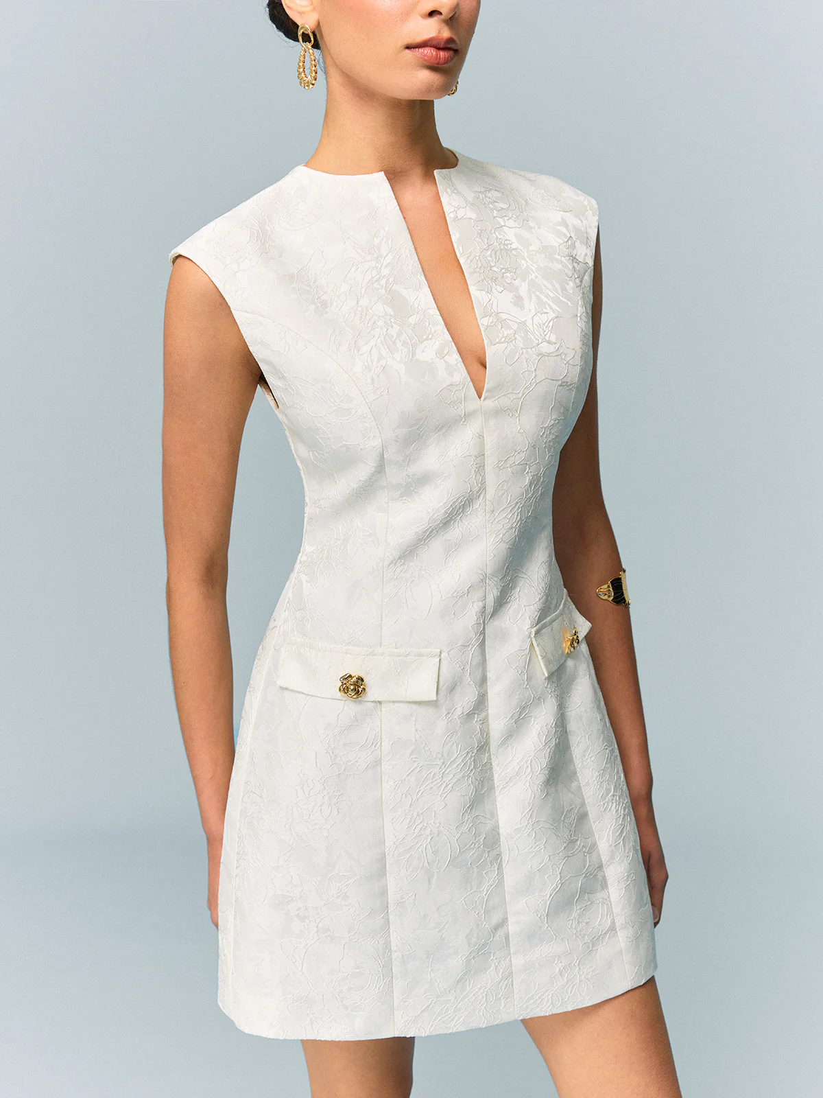 Pocketed Textured Mini Dress with Metal Button - Wholesalesil