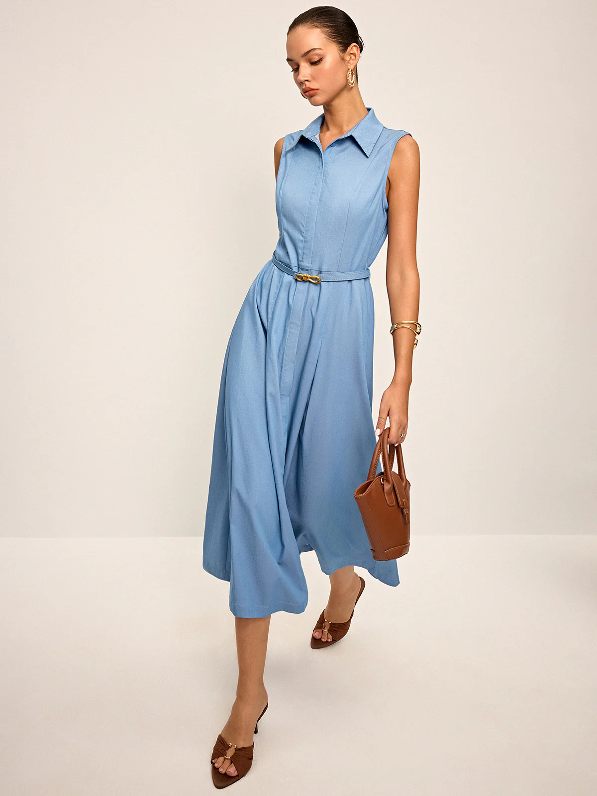 Belted Sleeveless Shirt Midi Dress - Wholesalesil