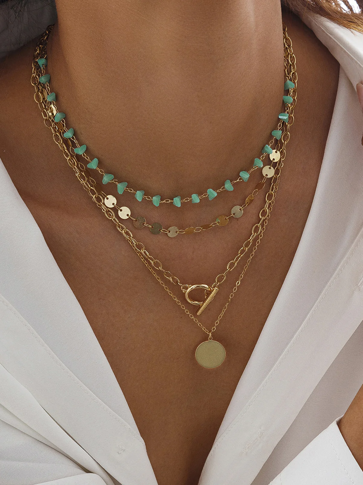 Layered Gold-Chain Necklace With Turquoise Beads And Circular Pendant - Wholesalesil