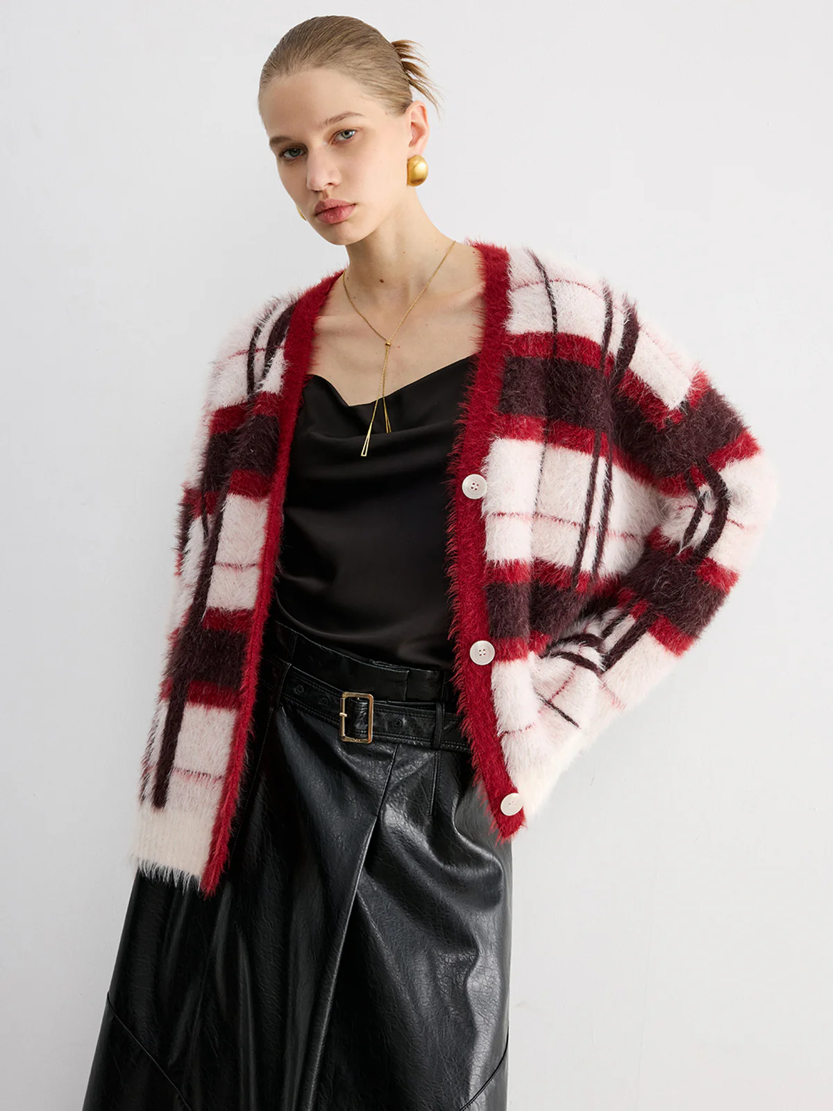 Knit Fluffy Checkered Cardigan - Wholesalesil