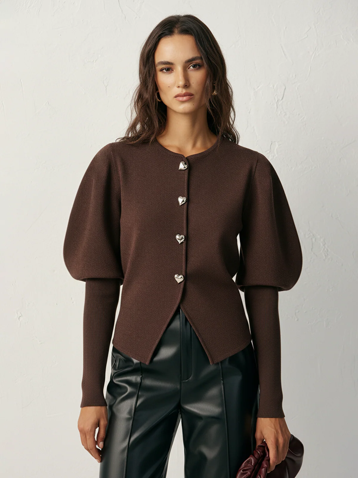 Leg-Of-Mutton Sleeve Heart-Button Wool Blend Cardigan - Wholesalesil