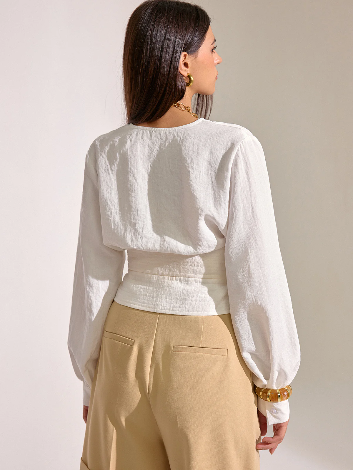 Cinched Waist Tassel Tie Wrap Blouse - Wholesalesil