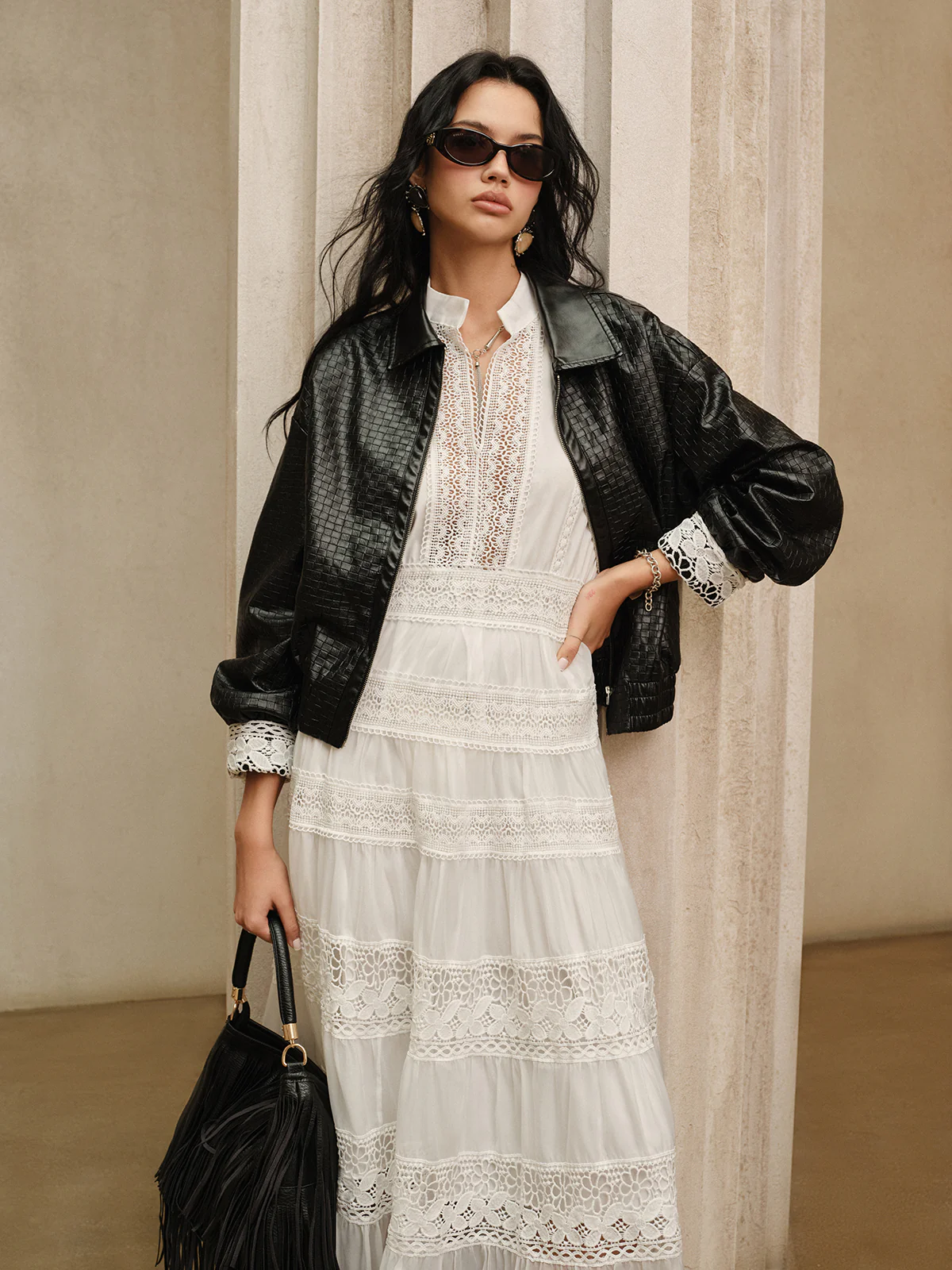 Semi-Sheer Lace Panel Maxi Dress without Belt - Wholesalesil