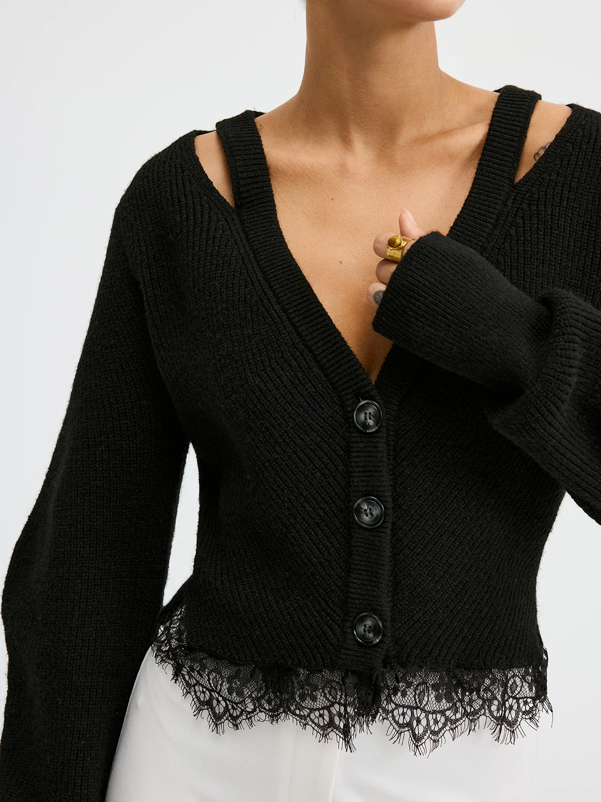 Lace Hem Wool Blend Cardigan - Wholesalesil