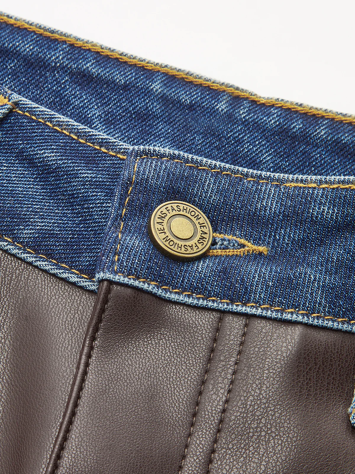 Denim Panel Faux Leather Straight-Leg Pants - Wholesalesil