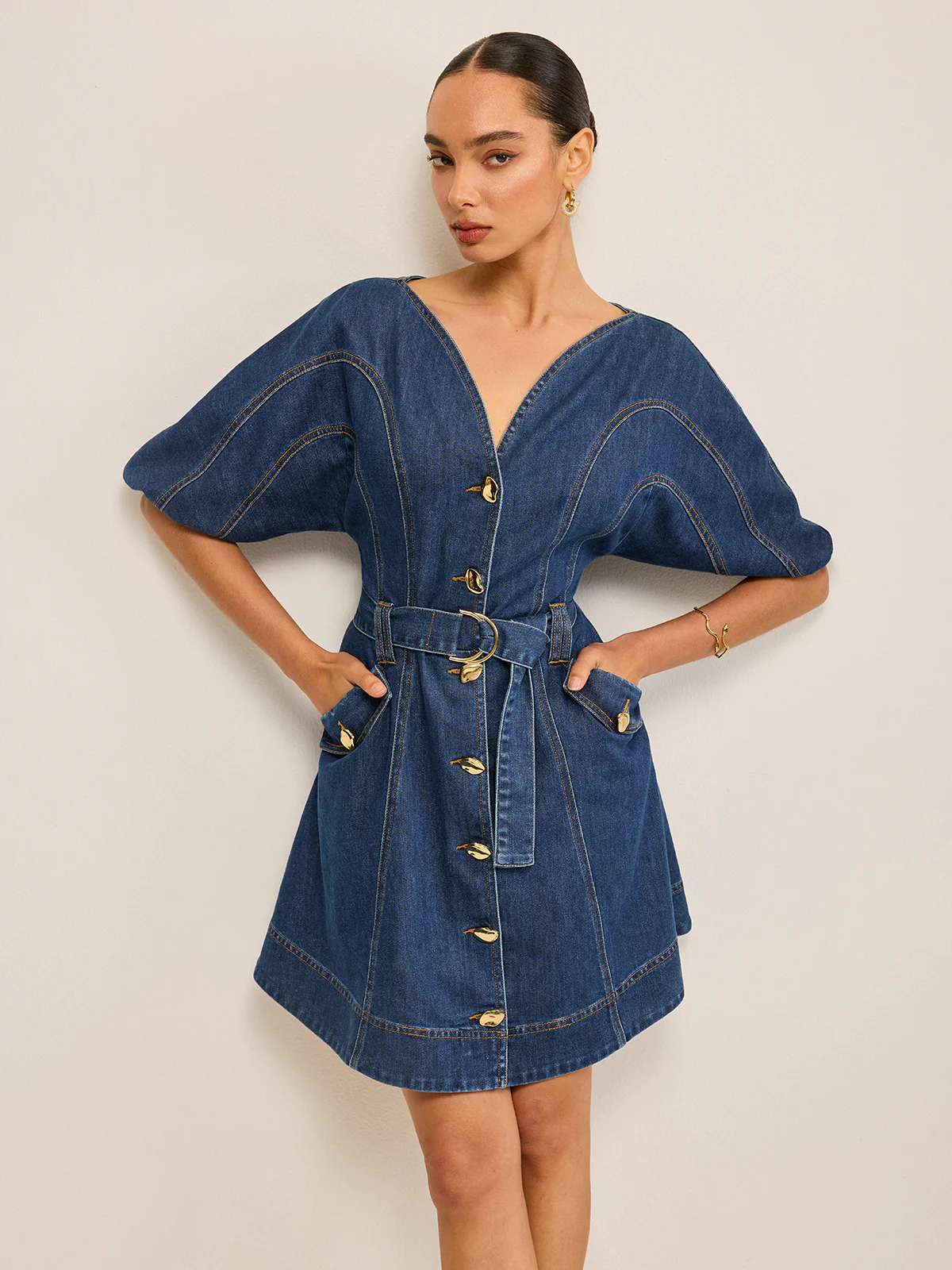 Pocketed Belted Denim Dress - Wholesalesil