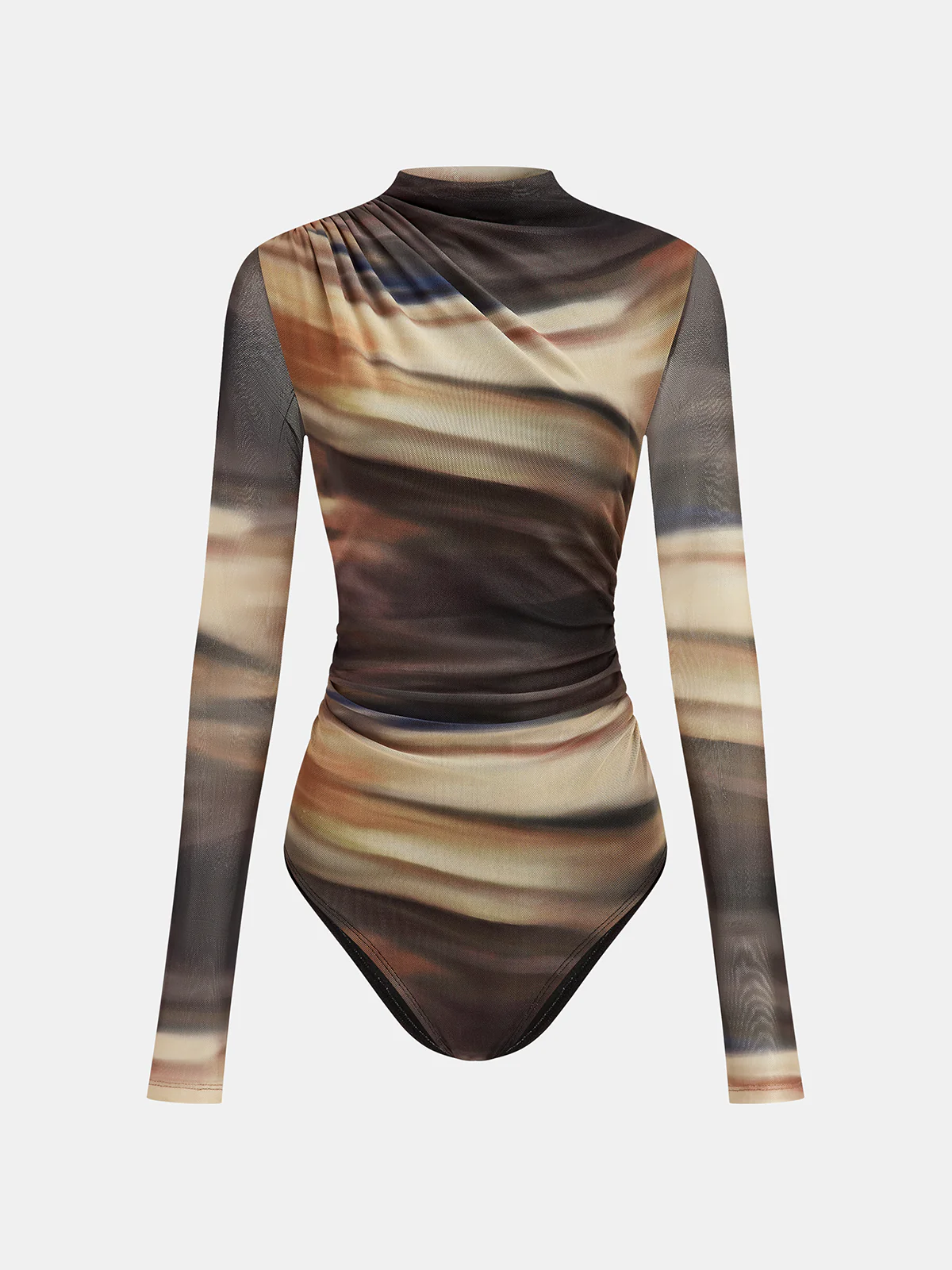 Mock Neck Abstract Print Mesh Bodysuit - Wholesalesil