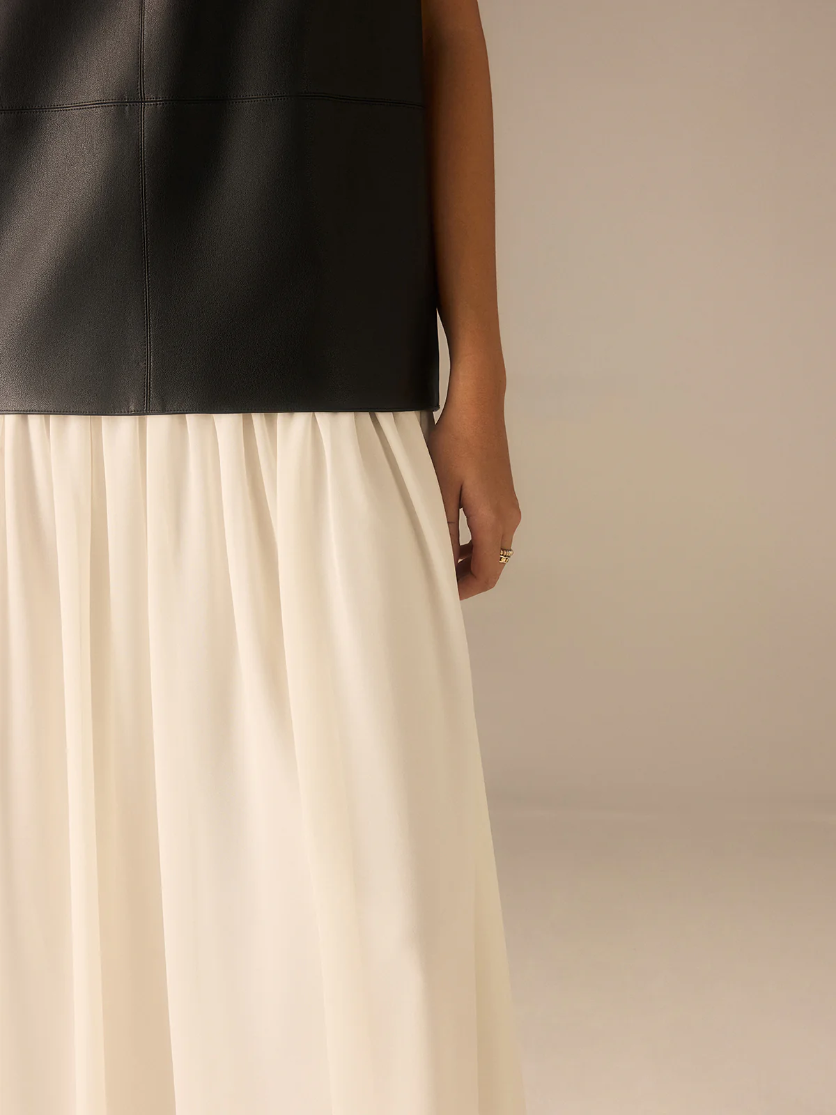 Two-Tone Faux Leather Chiffon Pleated Dress - Wholesalesil