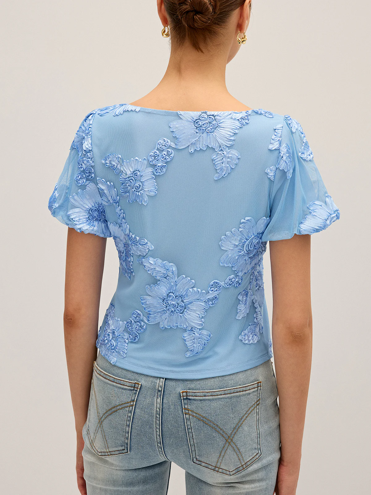 Floral Embroidered Square Neck Mesh Top - Wholesalesil