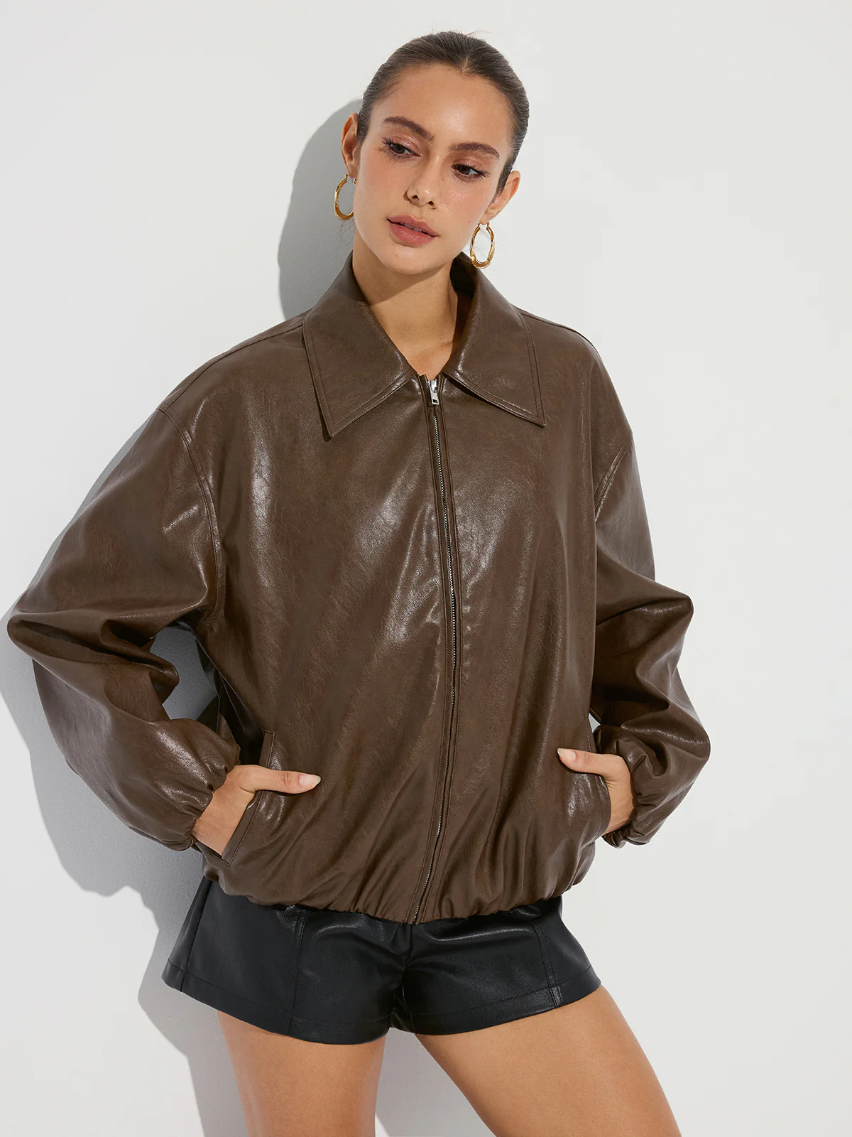 Zip-Front Collared PU Leather Jacket - Wholesalesil