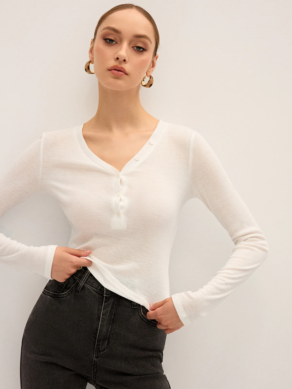 Long Sleeve V-Neck Button T-Shirt - Wholesalesil